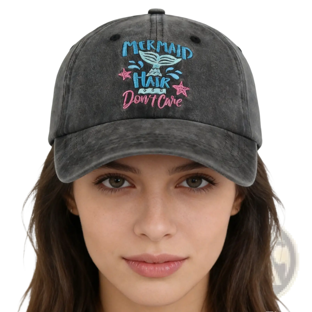 A dark gray distressed cotton baseball cap with embroidered mermaid tail in blue and pink titled mermaid hair baseball cap