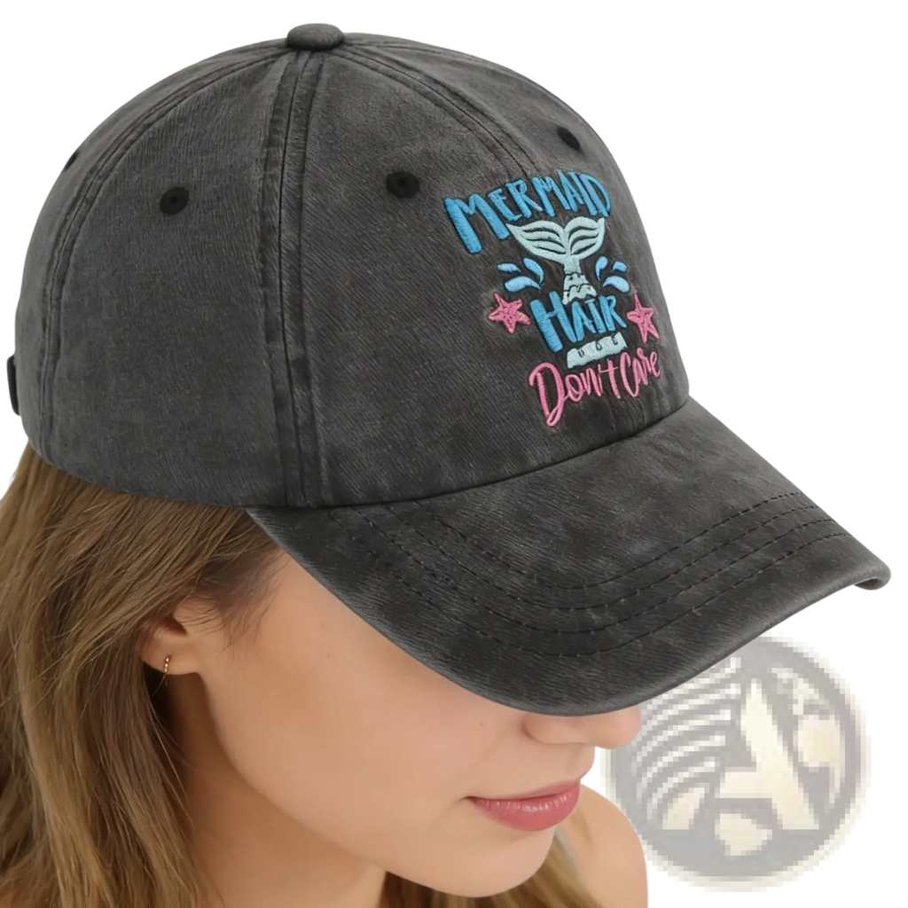 Dark gray distressed cotton baseball cap with embroidered blue and pink mermaid hair dont care text and tail design
