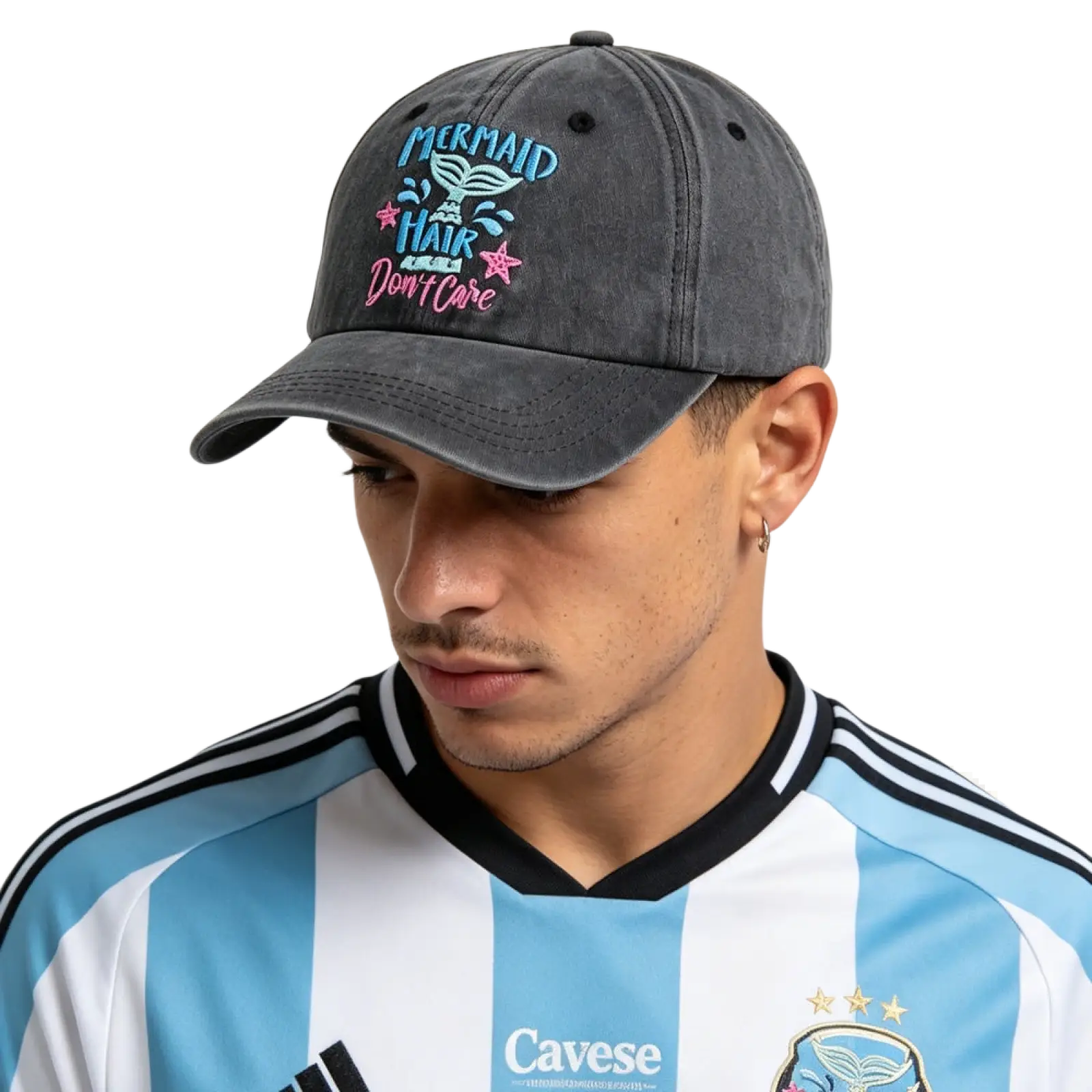 A dark gray distressed cotton baseball cap with embroidered mermaid hair dont care text in blue and pink with stars