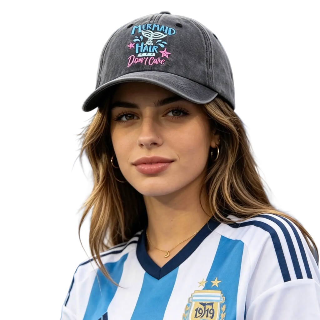 Gray distressed cotton baseball cap with mermaid hair dont care embroidered in blue and pink lettering on front