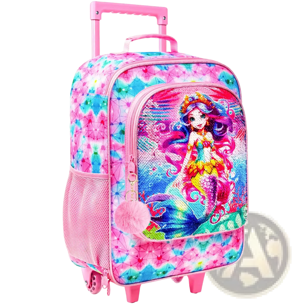 Pink mermaid kids rolling luggage sequin travel suitcase with vibrant design and matching pom-pom zipper pull