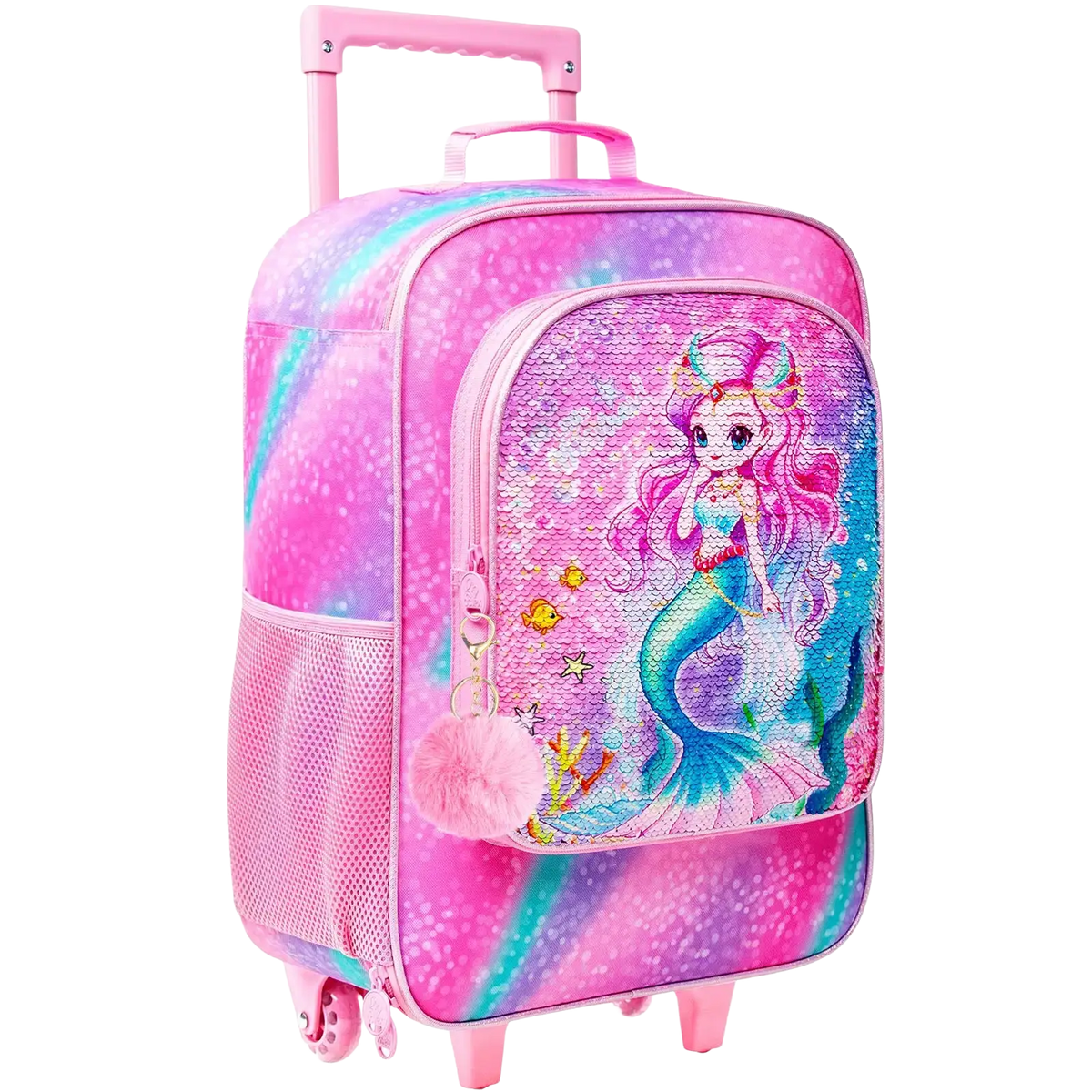 Pink mermaid kids rolling luggage with sequined details designed as a travel suitcase for children