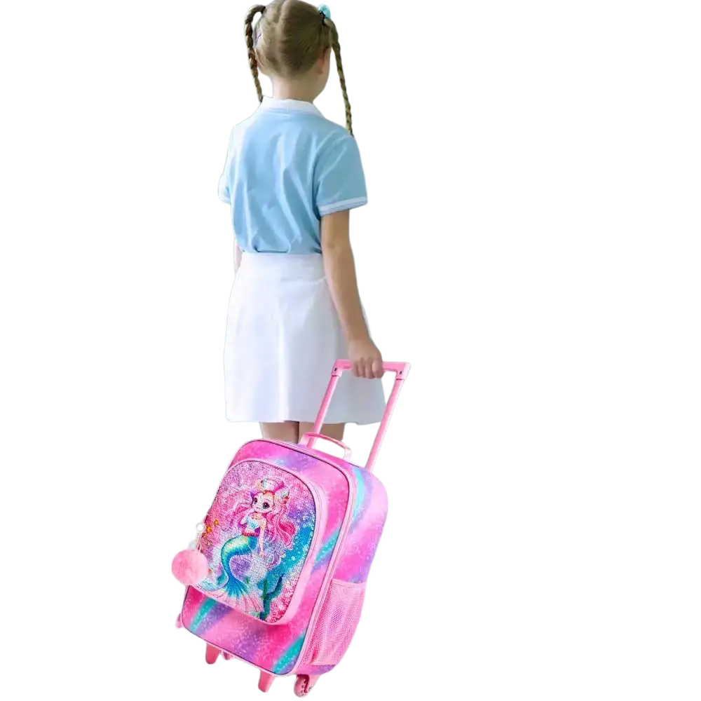 Pink kids rolling suitcase with mermaid design and glittery sequin accents for travel use