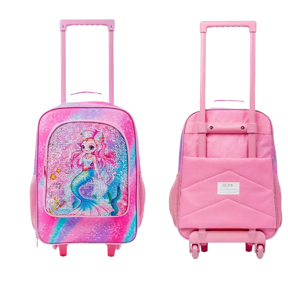Pink mermaid kids rolling luggage with sequin design on front and pink wheels for travel use