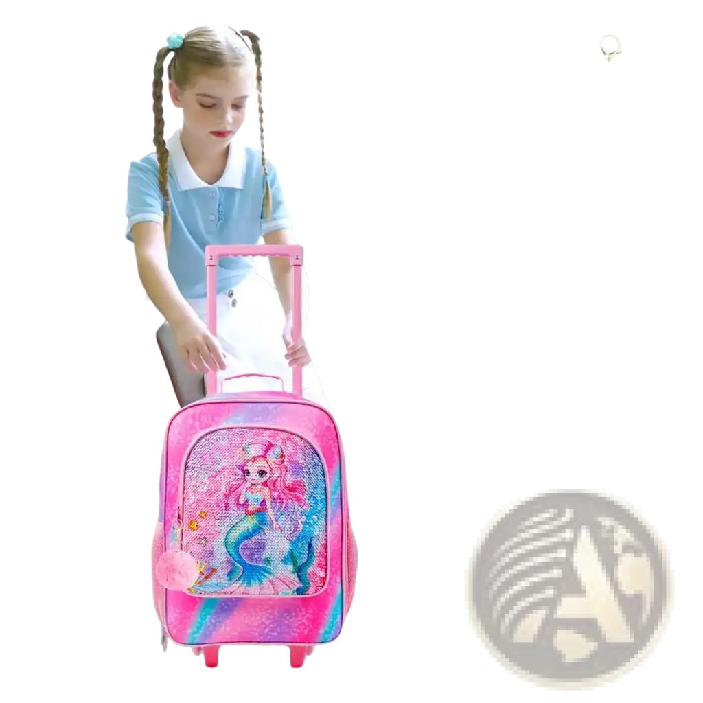 Pink kids rolling backpack with mermaid design and glittery sequins travel suitcase for children