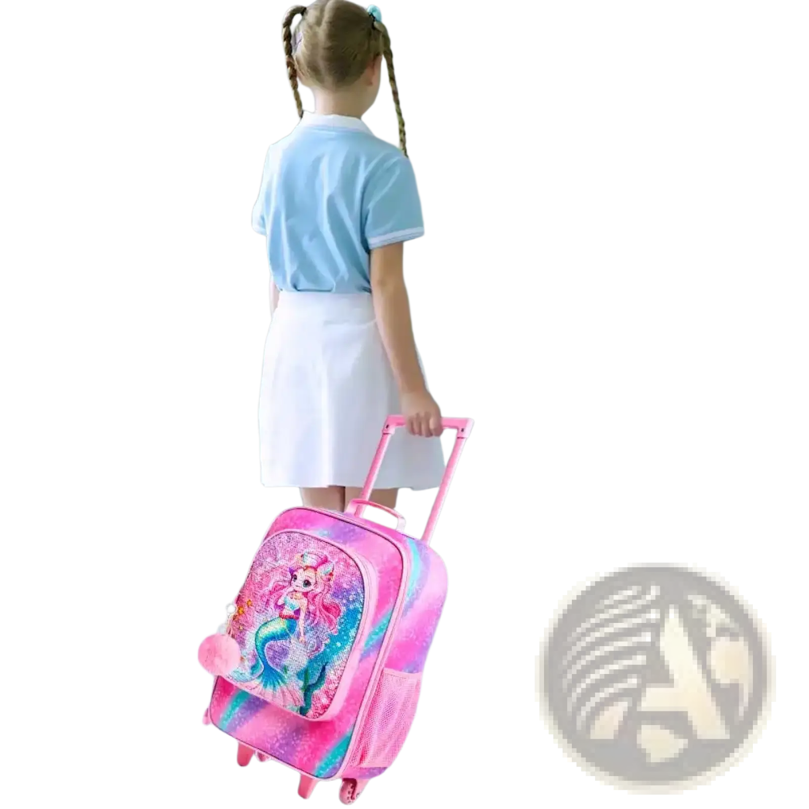 Pink kids rolling suitcase with mermaid design and glittery sequin accents for travel use
