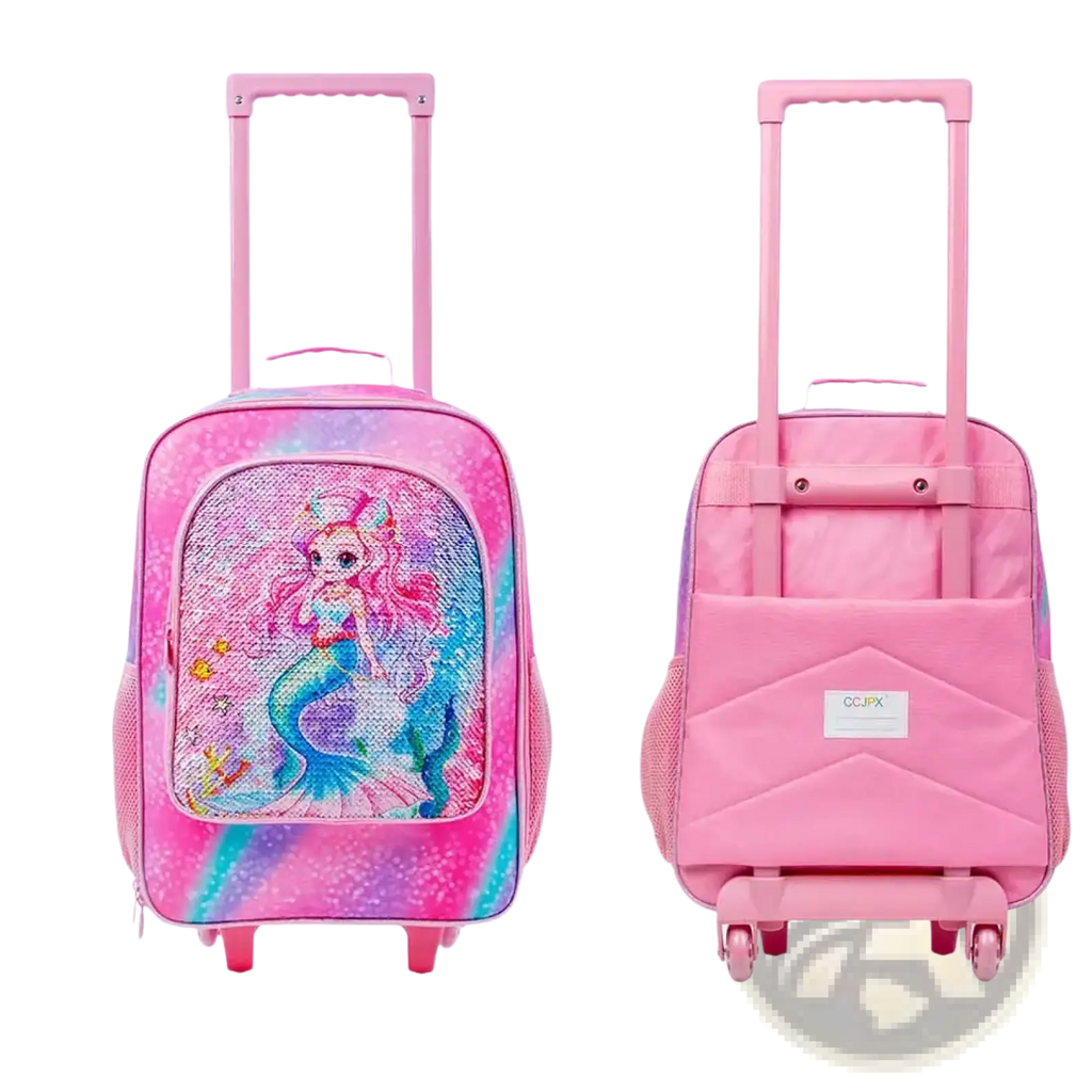 Pink mermaid kids rolling luggage with sequin design on front and pink wheels for travel use