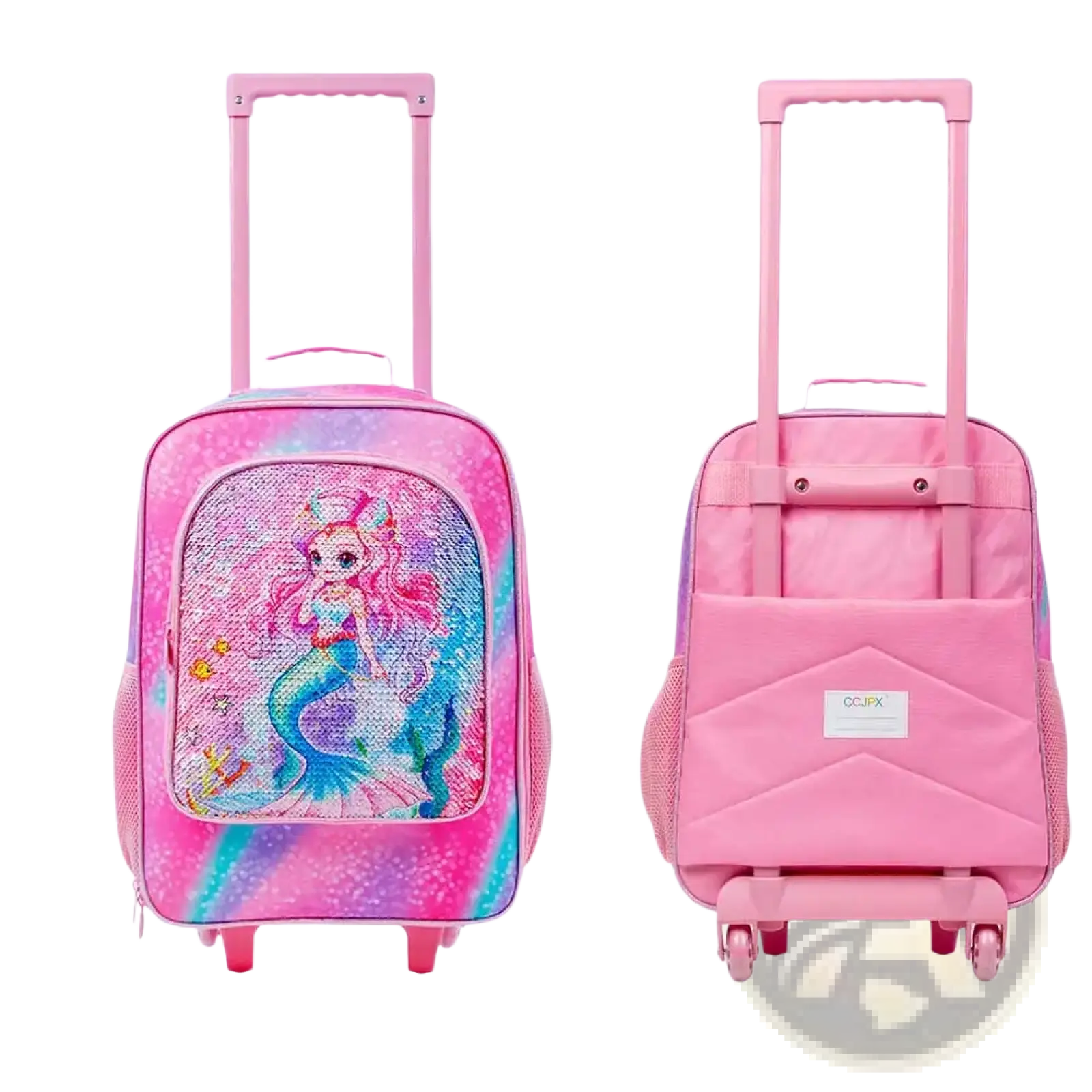 Pink mermaid kids rolling luggage with sequin design on front and pink wheels for travel use