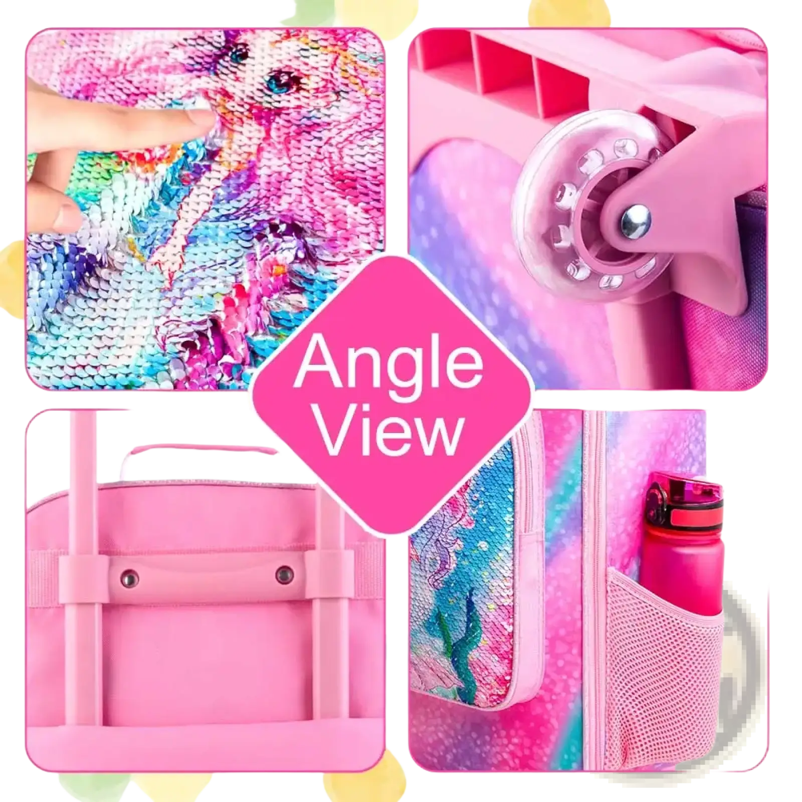 Pink mermaid kids rolling luggage with shimmering sequined exterior for travel and easy transport
