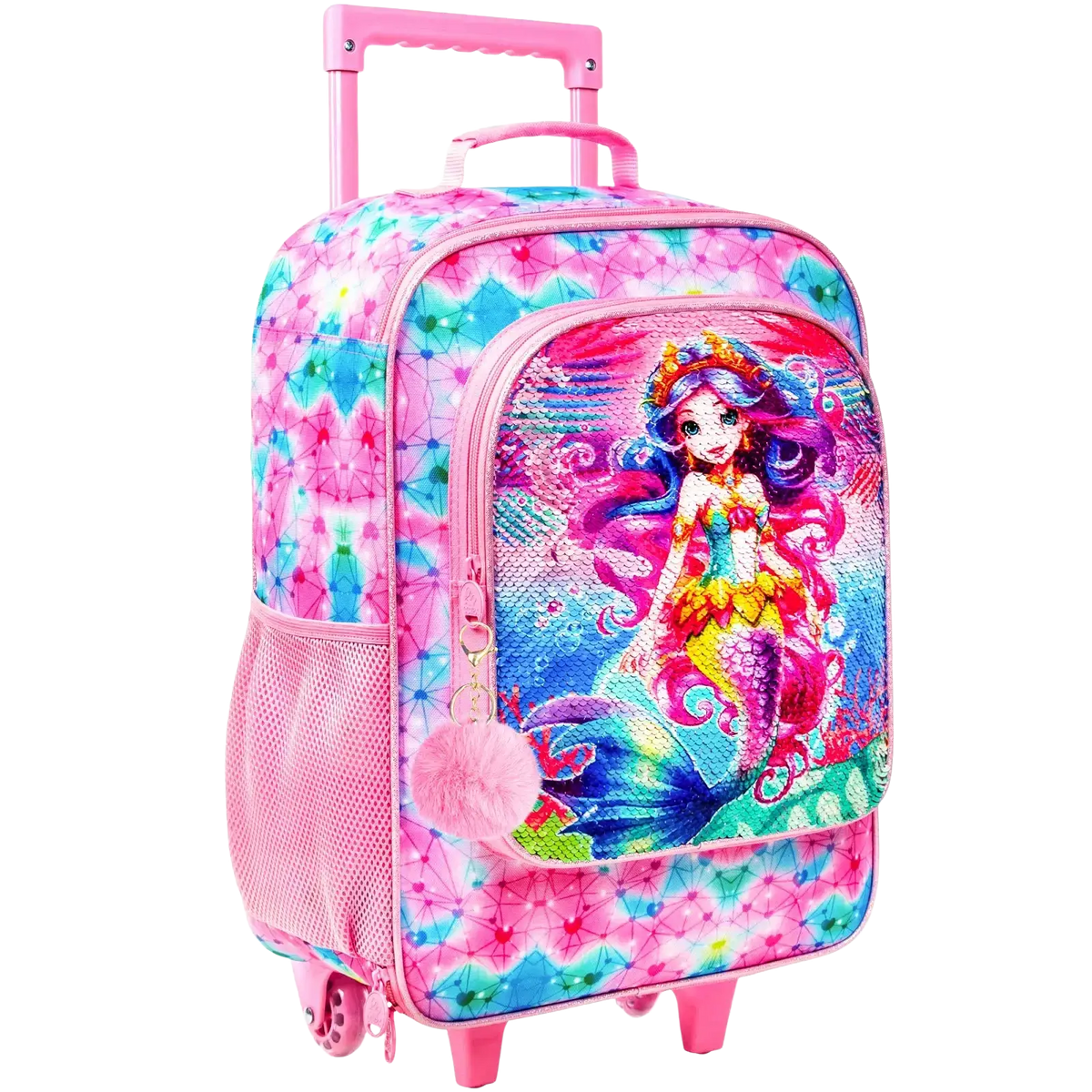 Pink mermaid kids rolling luggage sequin travel suitcase with vibrant design and matching pom-pom zipper pull