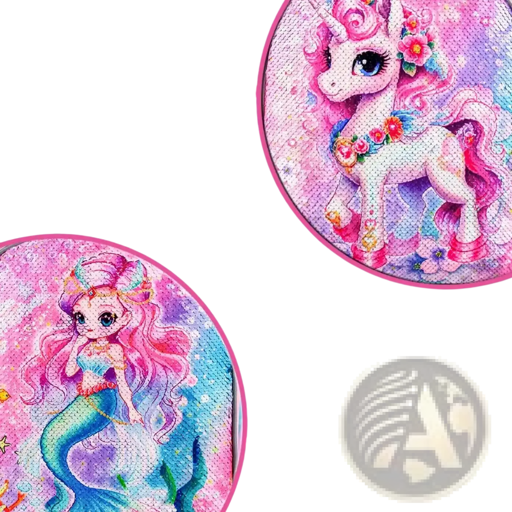 Mermaid kids rolling luggage sequin travel suitcase with reversible sequin notebook featuring unicorn and mermaid designs