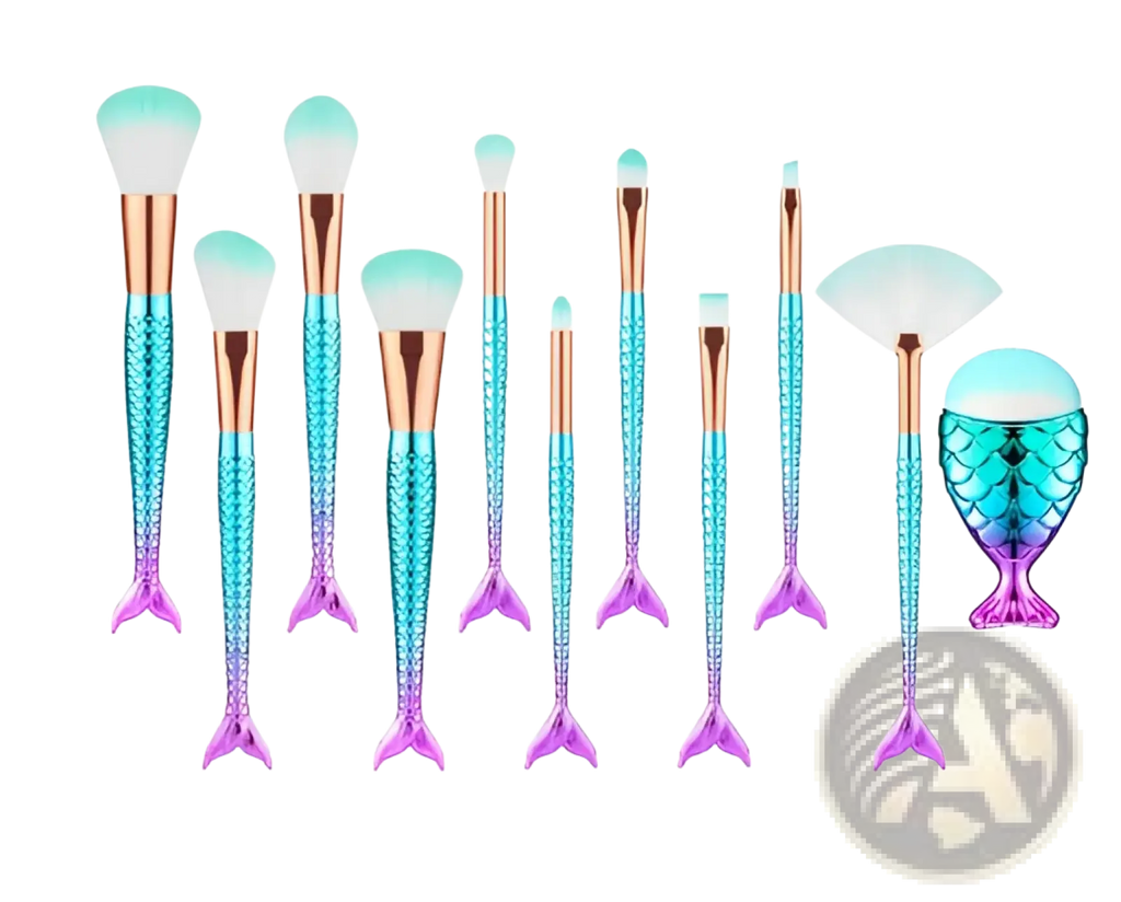 Mermaid makeup brush set 15pcs with gradient teal and purple scales rose gold ferrules and synthetic white bristles