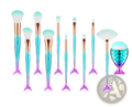 Mermaid makeup brush set 15pcs with gradient teal and purple scales rose gold ferrules and synthetic white bristles