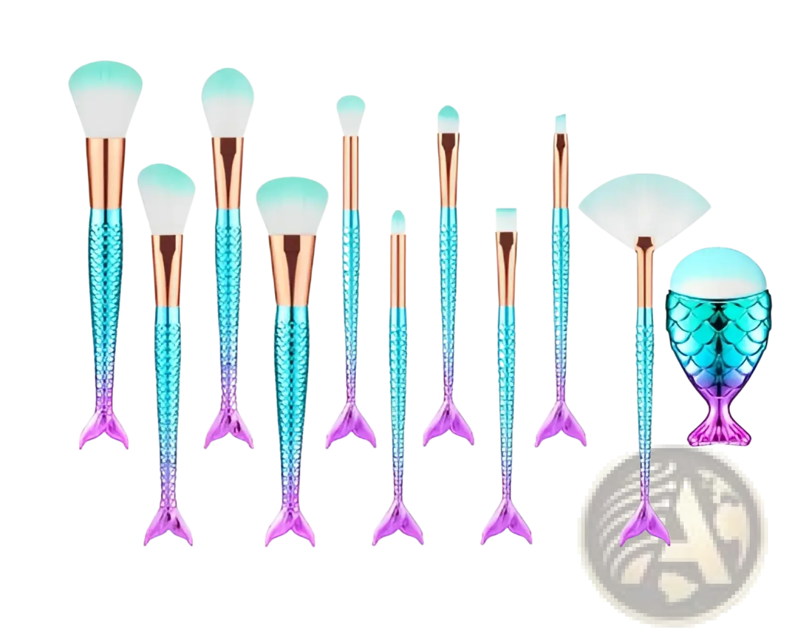 Mermaid makeup brush set 15pcs with gradient teal and purple scales rose gold ferrules and synthetic white bristles