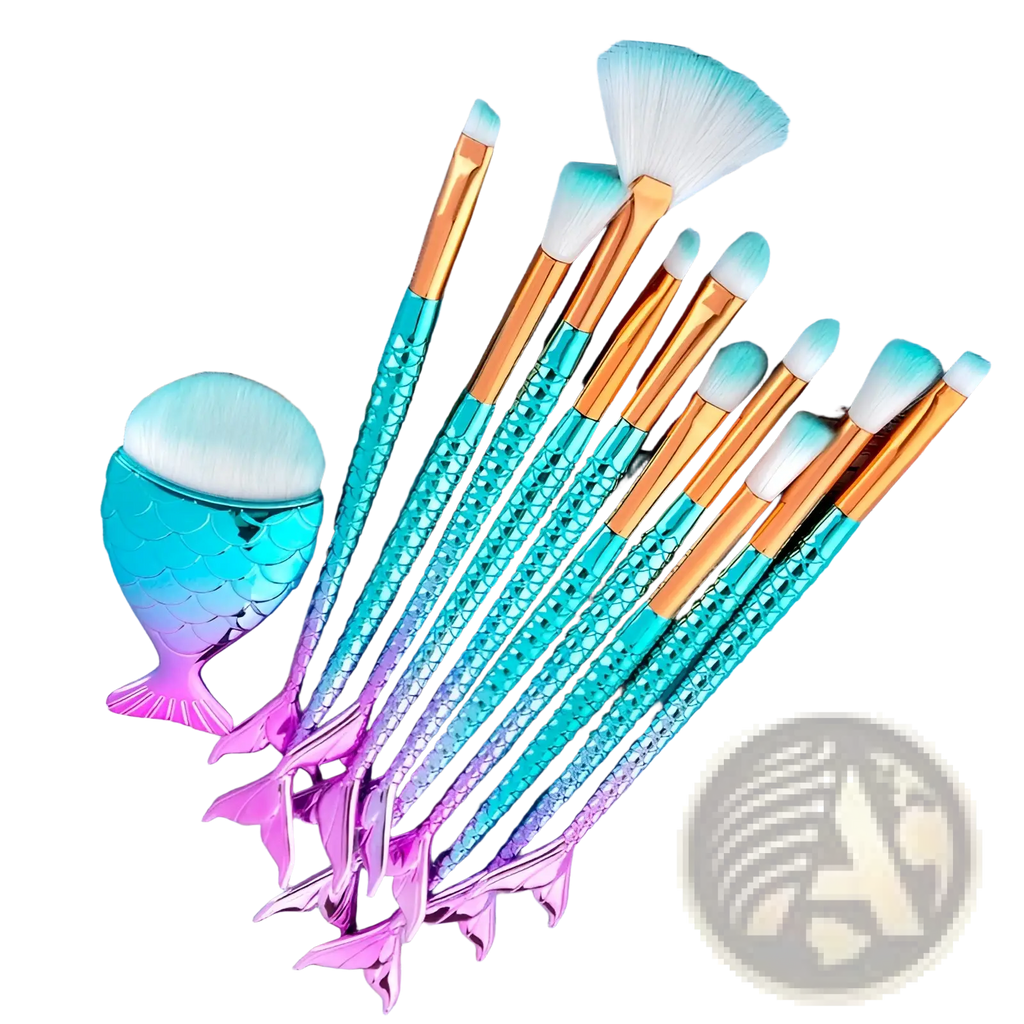 Set of 11pcs mermaid-themed makeup brushes with iridescent teal and purple scales gold ferrules and white synthetic bristles