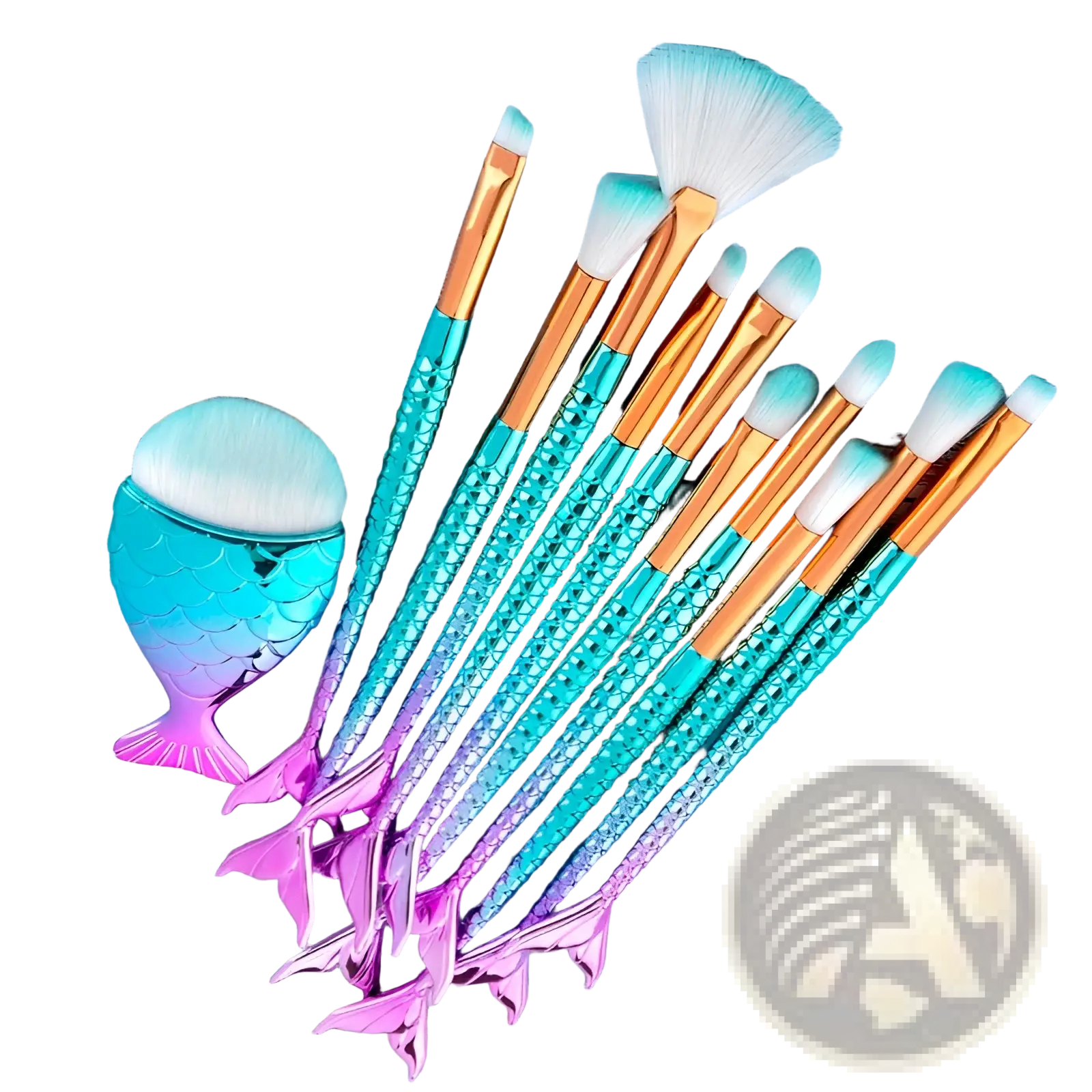 Set of 11pcs mermaid-themed makeup brushes with iridescent teal and purple scales gold ferrules and white synthetic bristles