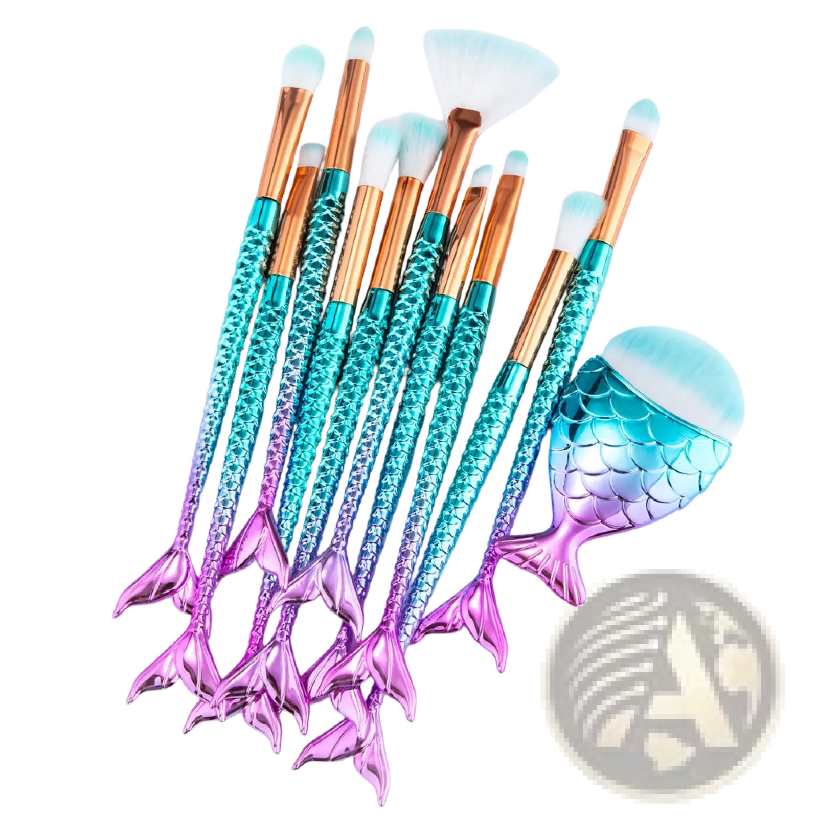 Set of 11pcs mermaid makeup brushes with iridescent teal and pink synthetic fiber scales and copper ferrules