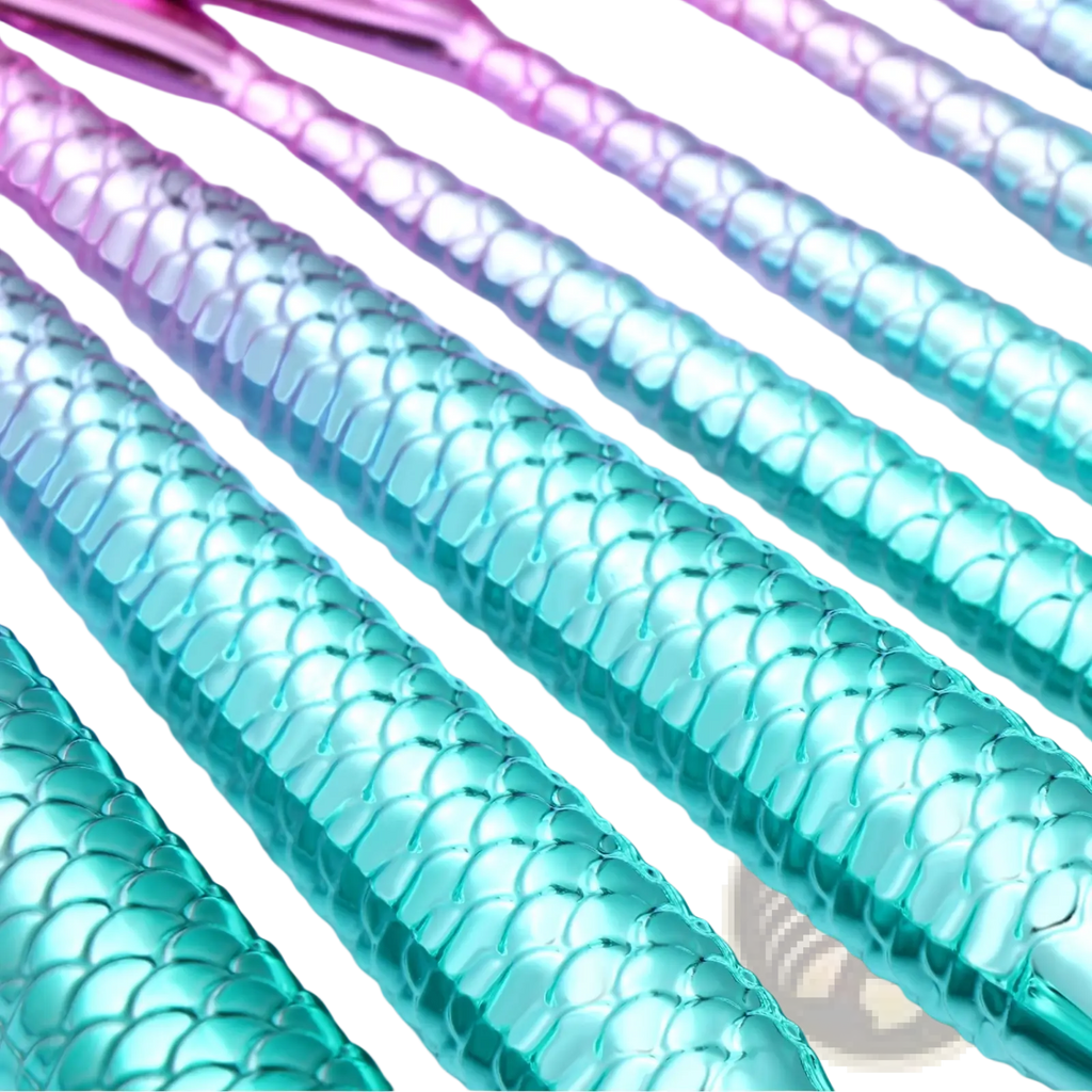 Mermaid makeup brush set 11pcs with mermaid-scale pattern synthetic fiber brushes in iridescent teal and pink colors