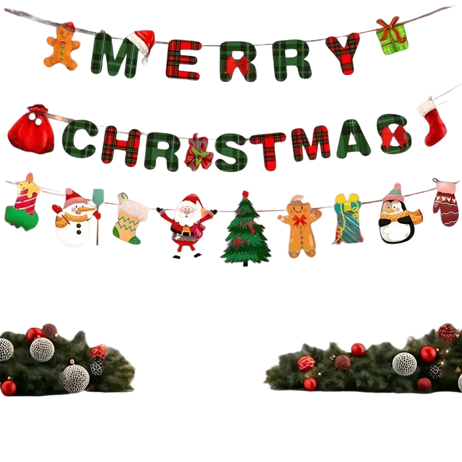 Merry Christmas plaid banner party decoration set with green and red festive cutout characters and hanging garlands