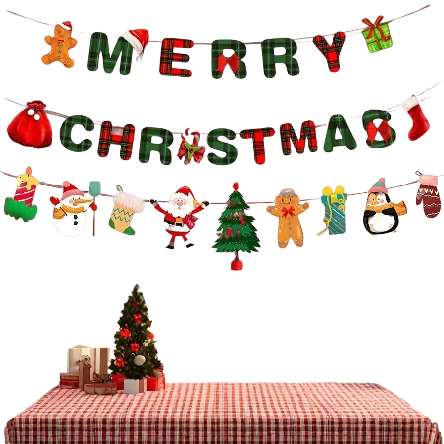 Merry christmas plaid banner party decoration set featuring green and red festive holiday cutouts on plaid material