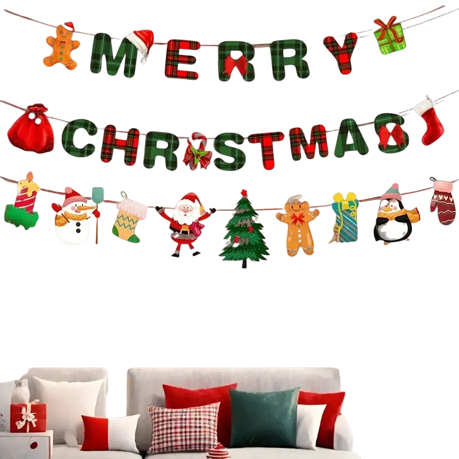 Merry christmas plaid banner party decoration set featuring green and red colors with santa snowman gingerbread man penguin and tree