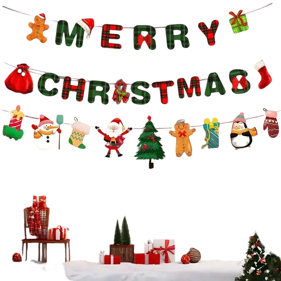 Merry christmas plaid banner party decoration set with green and red plaid text and festive paper cutout ornaments above snow