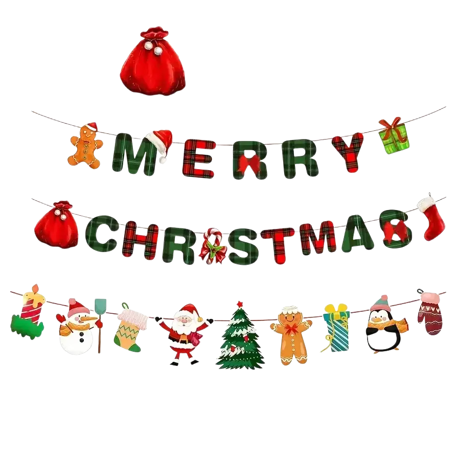 Merry christmas plaid banner party decoration set featuring red and green plaid with santa gingerbread men snowmen and penguin