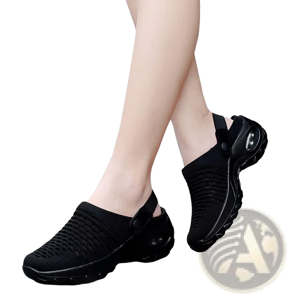 Black mesh air cushion clog sandals with breathable mesh, thick cushioned sole, and adjustable strap for comfort and height increase