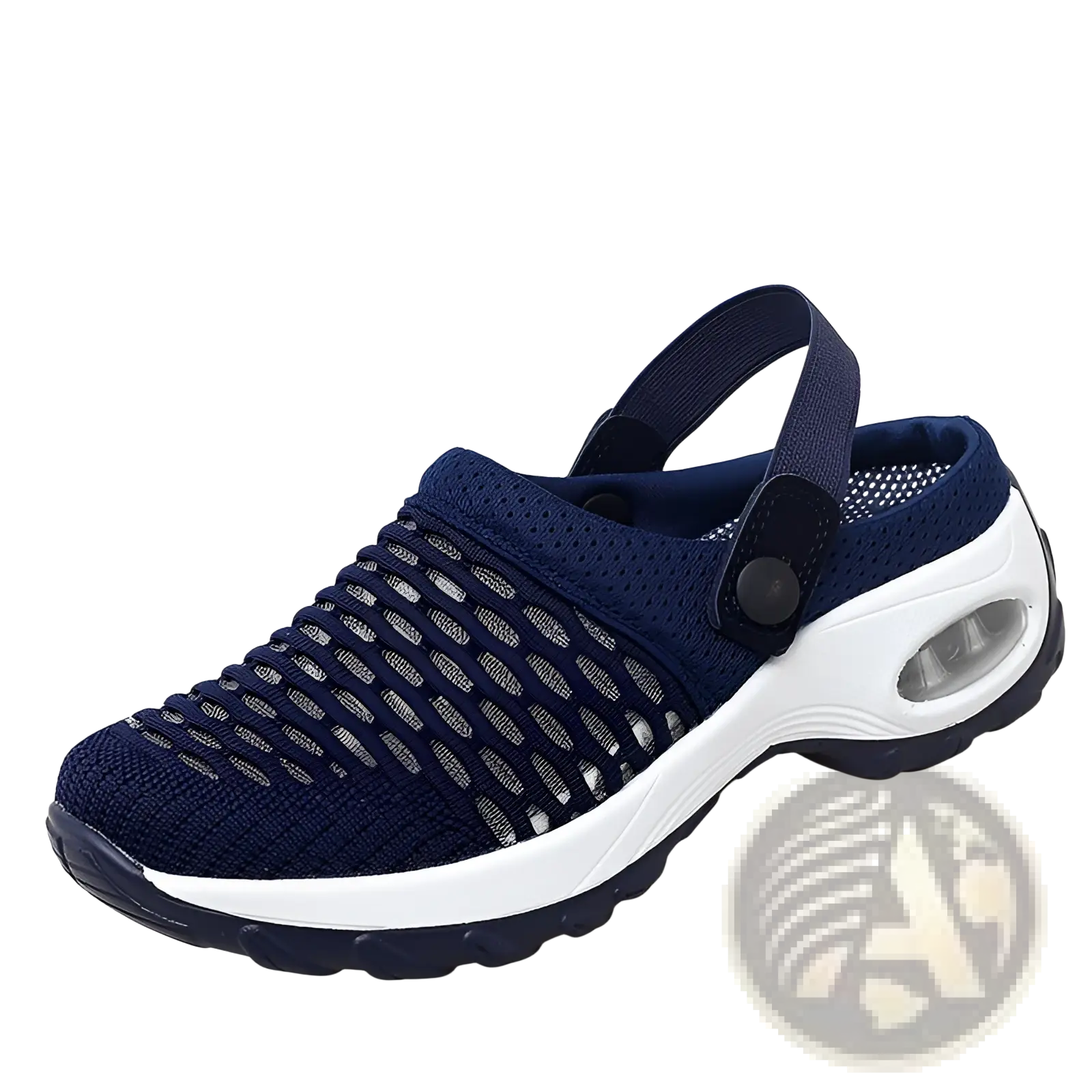 Navy blue mesh air cushion clog sandal with breathable material white sole and adjustable strap for height increase