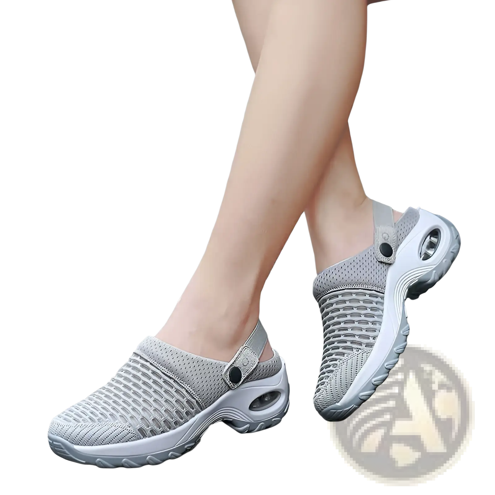 Gray mesh air cushion clog sandals with breathable fabric white sole and air bubble design on the heel shown from the back