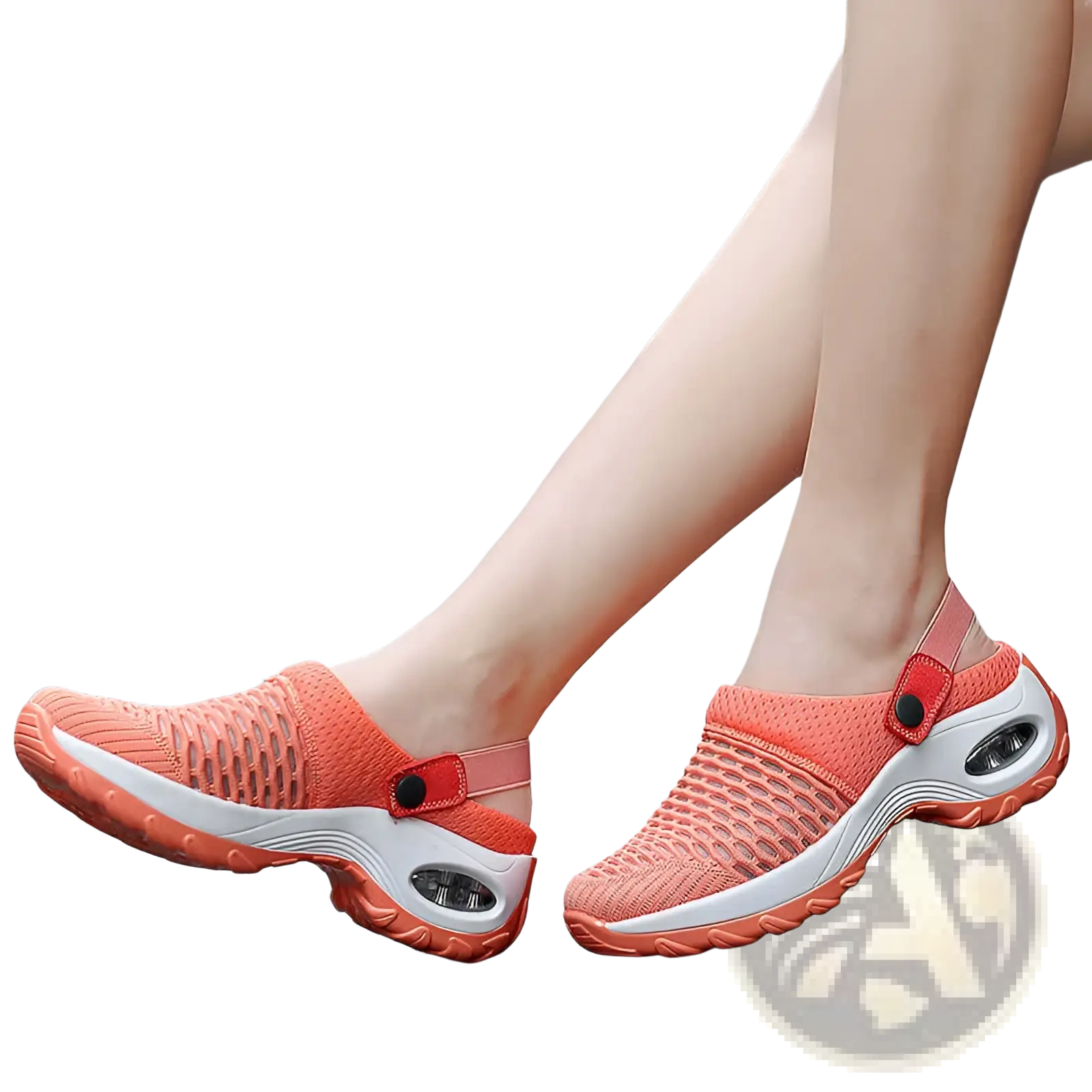 Coral-orange mesh air cushion clog sandals with breathable material white soles and height increasing feature