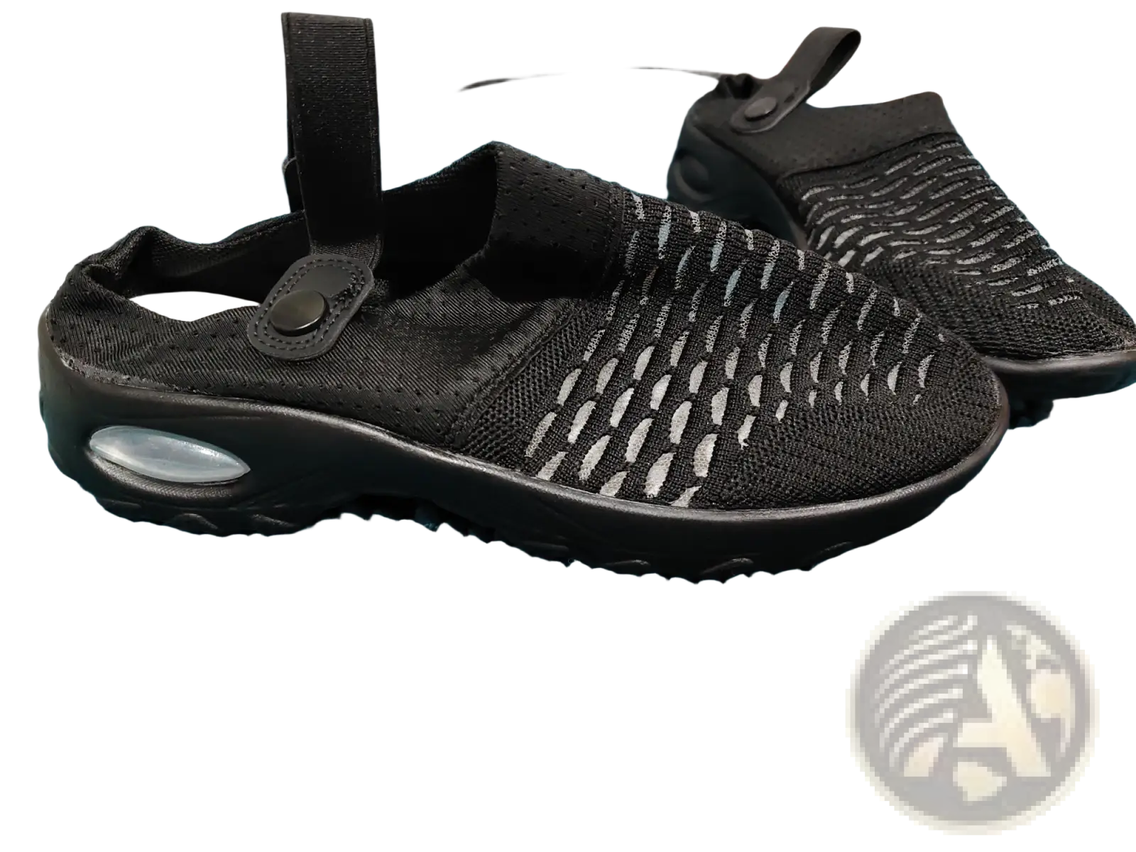 Black mesh air cushion clog sandals with breathable slip-on design and adjustable strap closures for height increasing