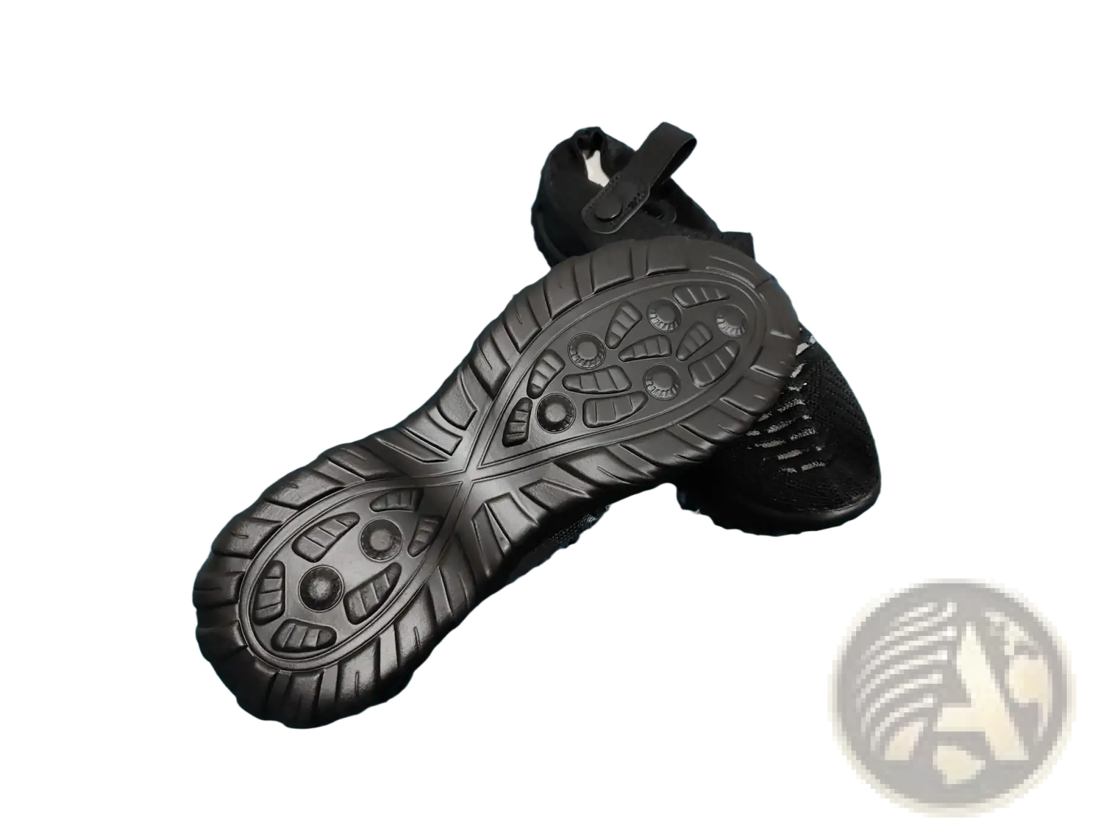 Black mesh air cushion clog sandal with breathable upper textured rubber sole and adjustable strap shown from back side