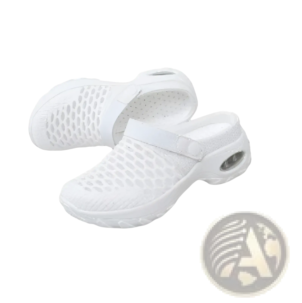 White mesh air cushion clog sandals with breathable material and adjustable strap for height increasing comfort