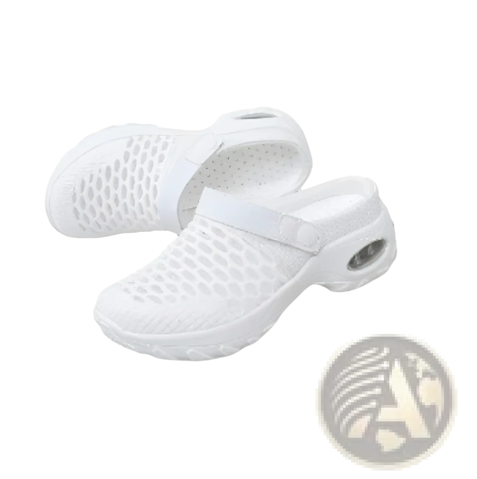White mesh air cushion clog sandals with breathable material and adjustable strap for height increasing comfort