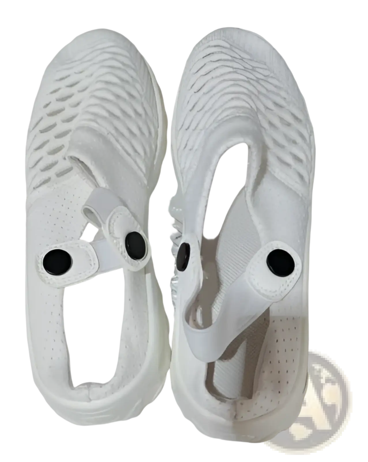 White mesh sneakers with black circular eyelets and thick cushioned sole from mesh air cushion clog sandals breathable height increasing collection
