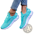 Back view of turquoise mesh athletic sneakers with breathable material white rubber soles and bold s logo on heel