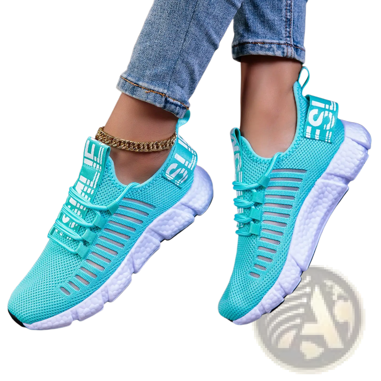 Back view of turquoise mesh athletic sneakers with breathable material white rubber soles and bold s logo on heel