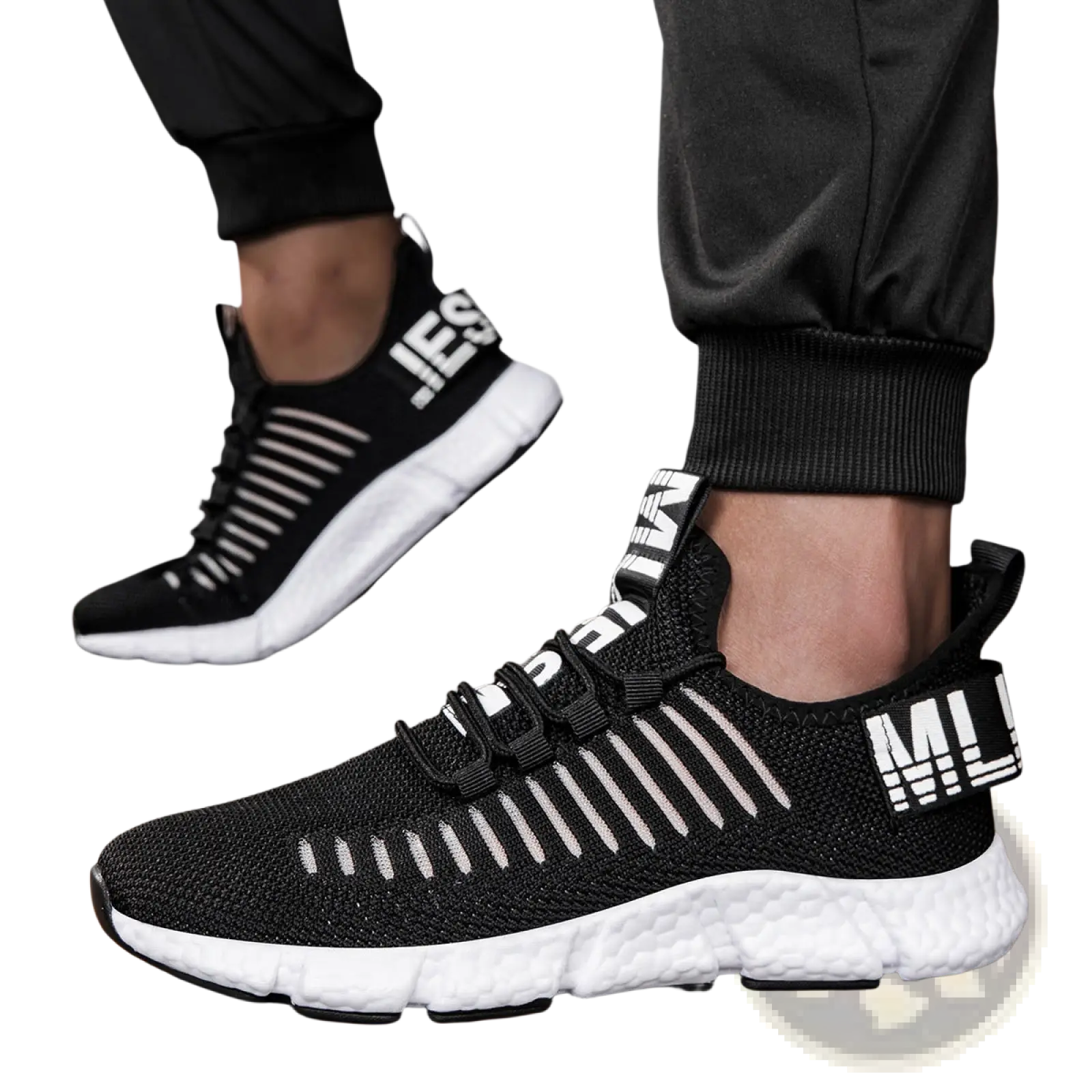 Black knit mesh athletic sneaker with white stripes, bold lettering, and textured white rubber sole for casual running
