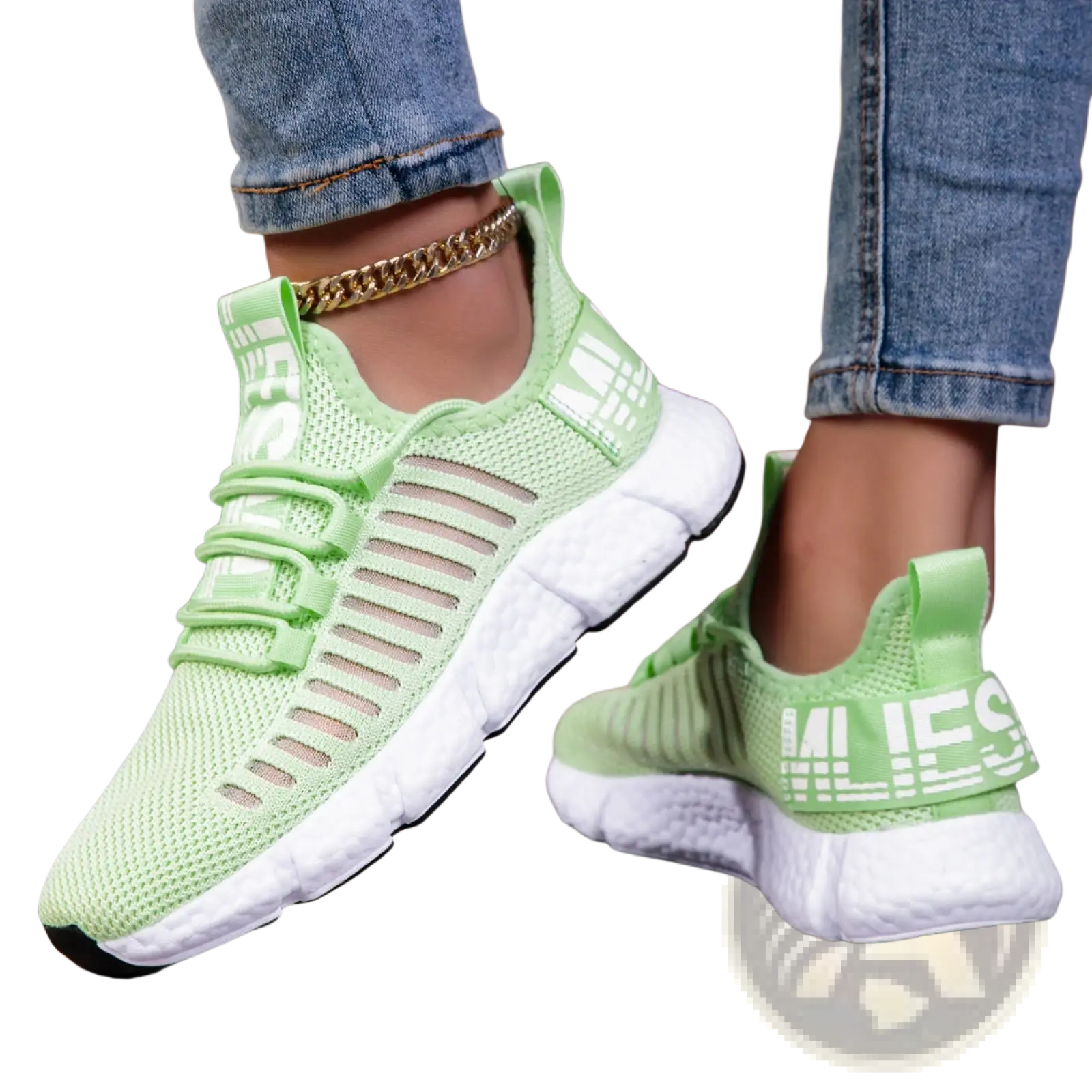 Mesh athletic sneakers with breathable lime green mesh, white soles, and black accents for casual running use