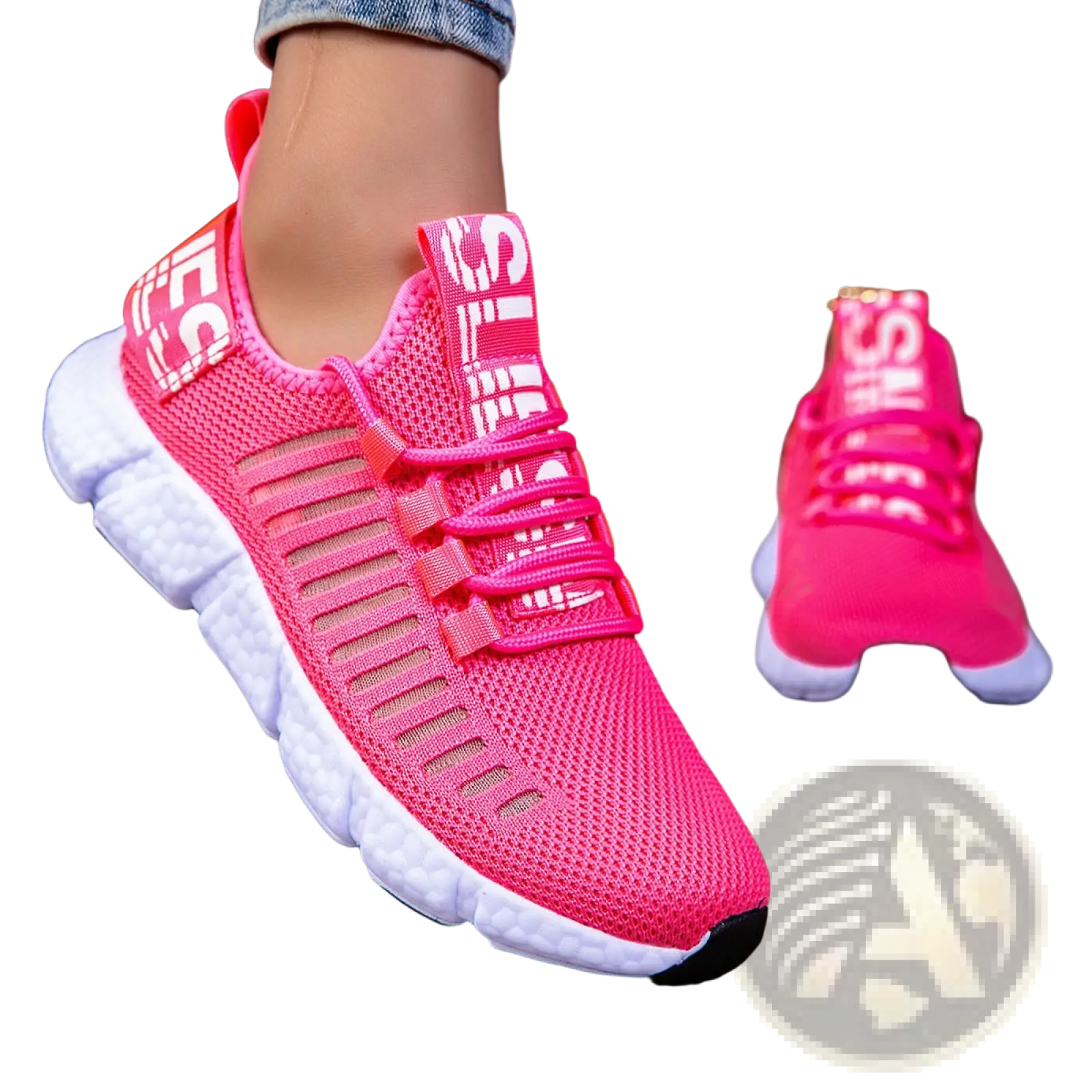 Bright pink breathable mesh athletic sneaker with white laces and rubber sole for casual running use
