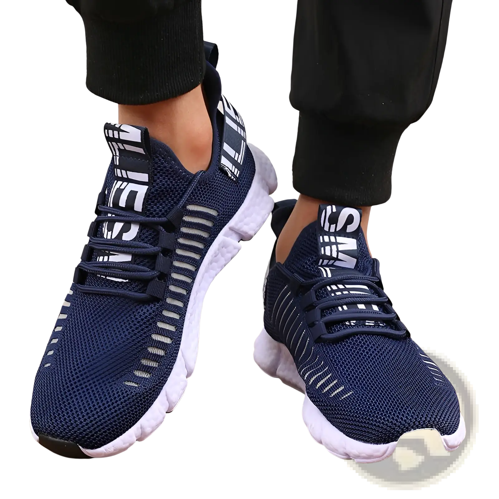 Navy blue mesh athletic sneakers with white laces and a chunky white sole for breathable casual running shoes