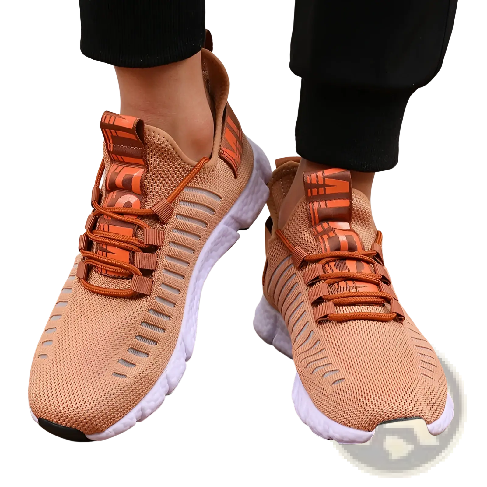 Tan mesh athletic sneakers with orange laces and white rubber sole breathable casual running shoes
