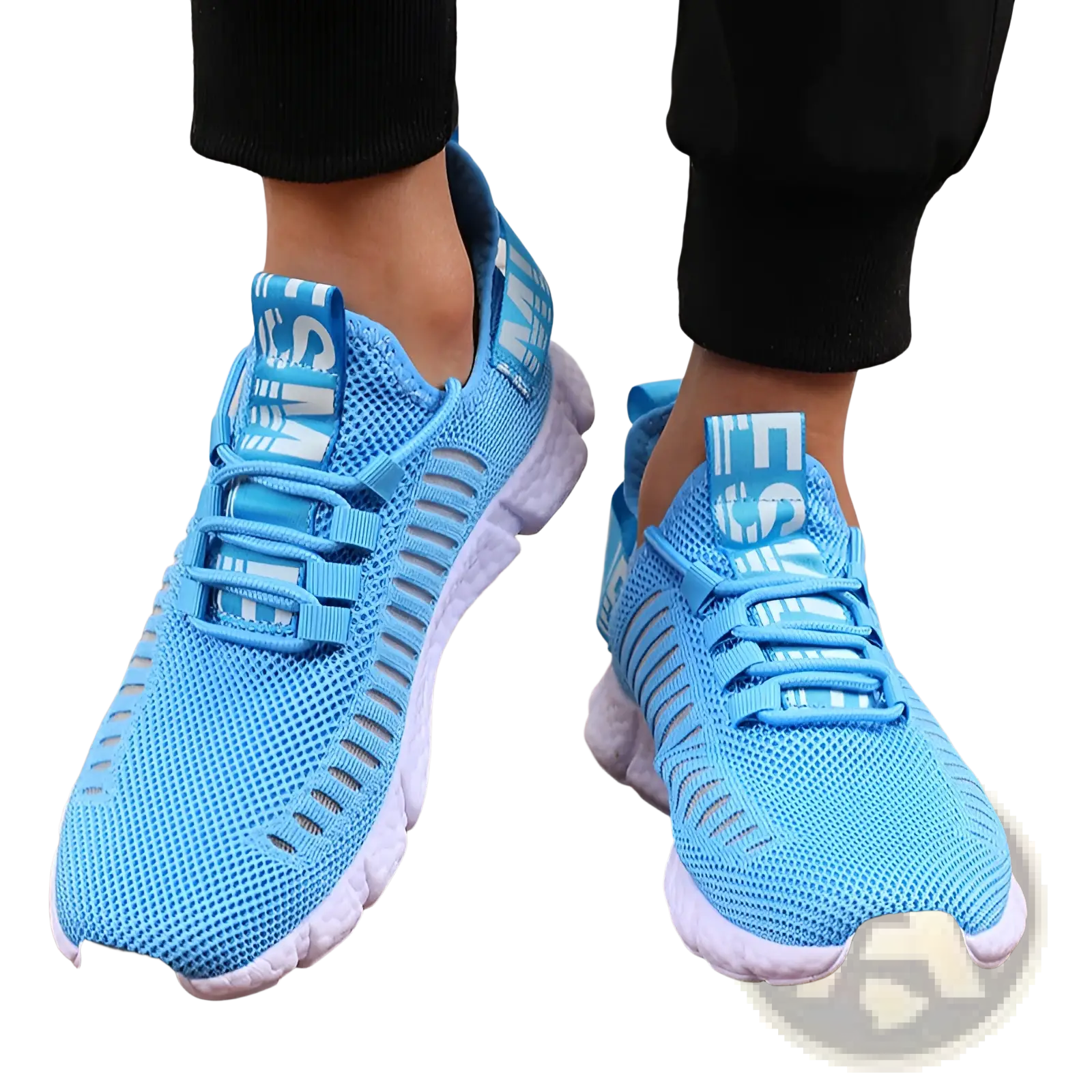 Light blue mesh athletic sneakers with white laces and sole featuring bold sns branding on the tongue for running