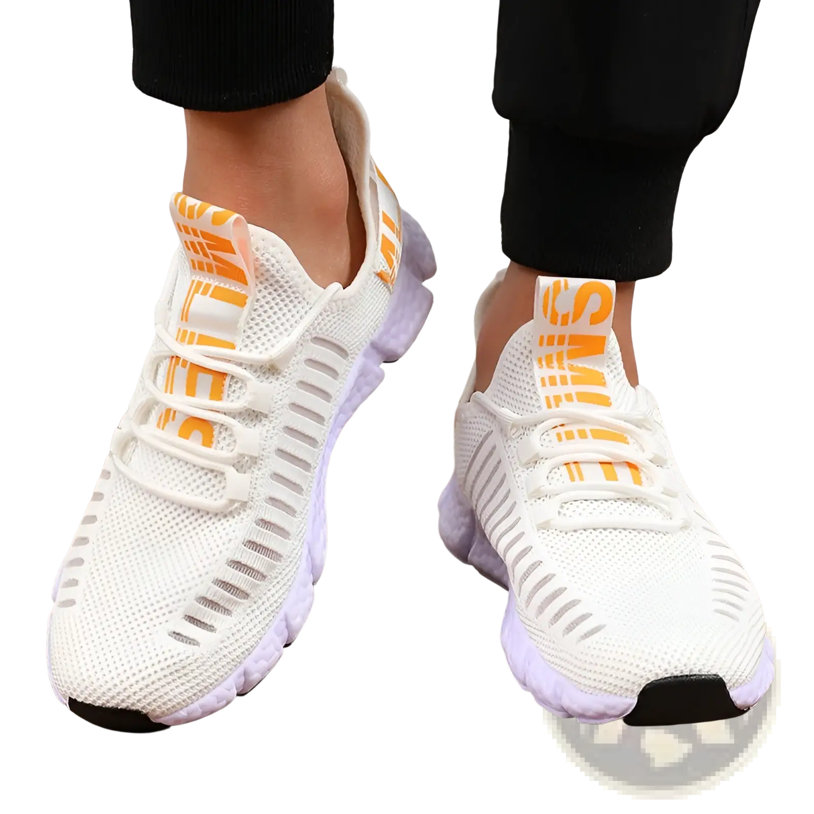 White mesh breathable athletic sneakers with orange branding light purple midsole and black outsoles for casual running
