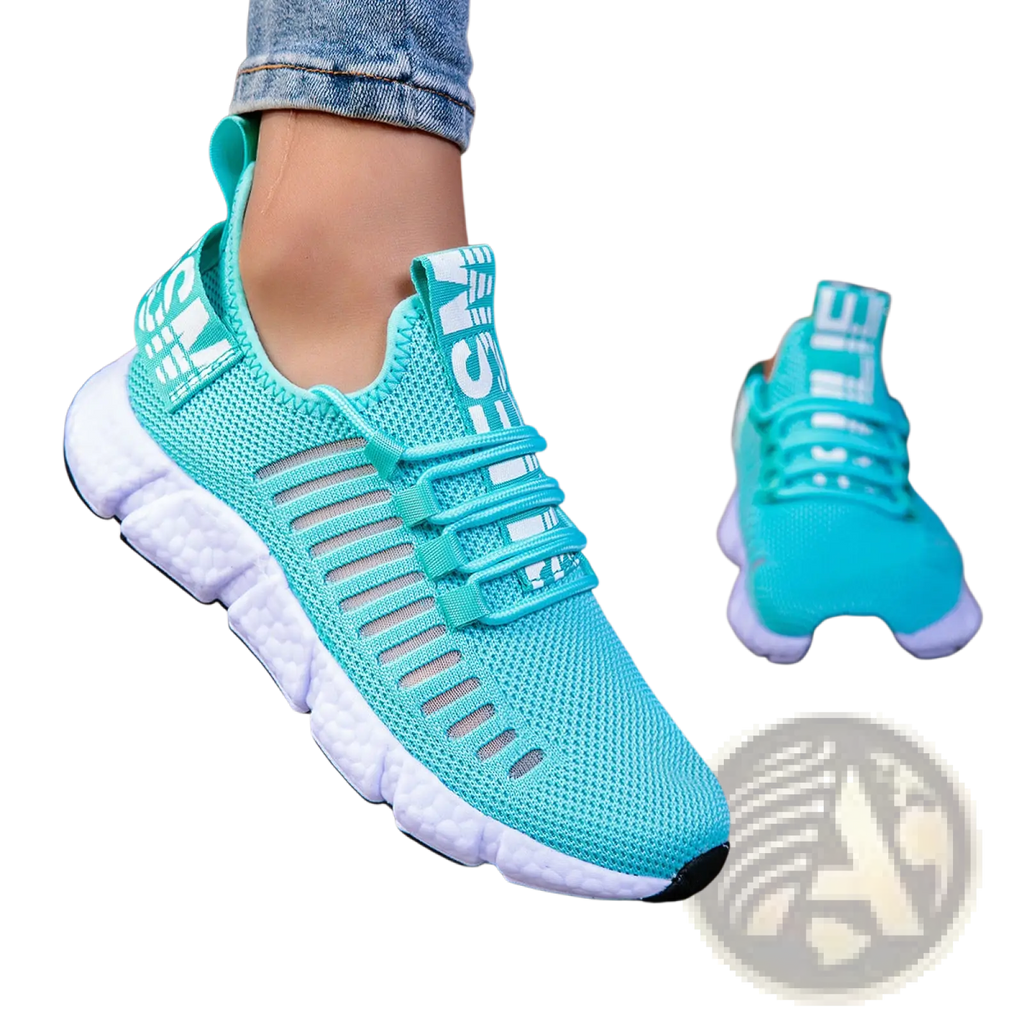 Turquoise breathable mesh athletic sneakers with white soles black toe caps and horizontal side stripes for running