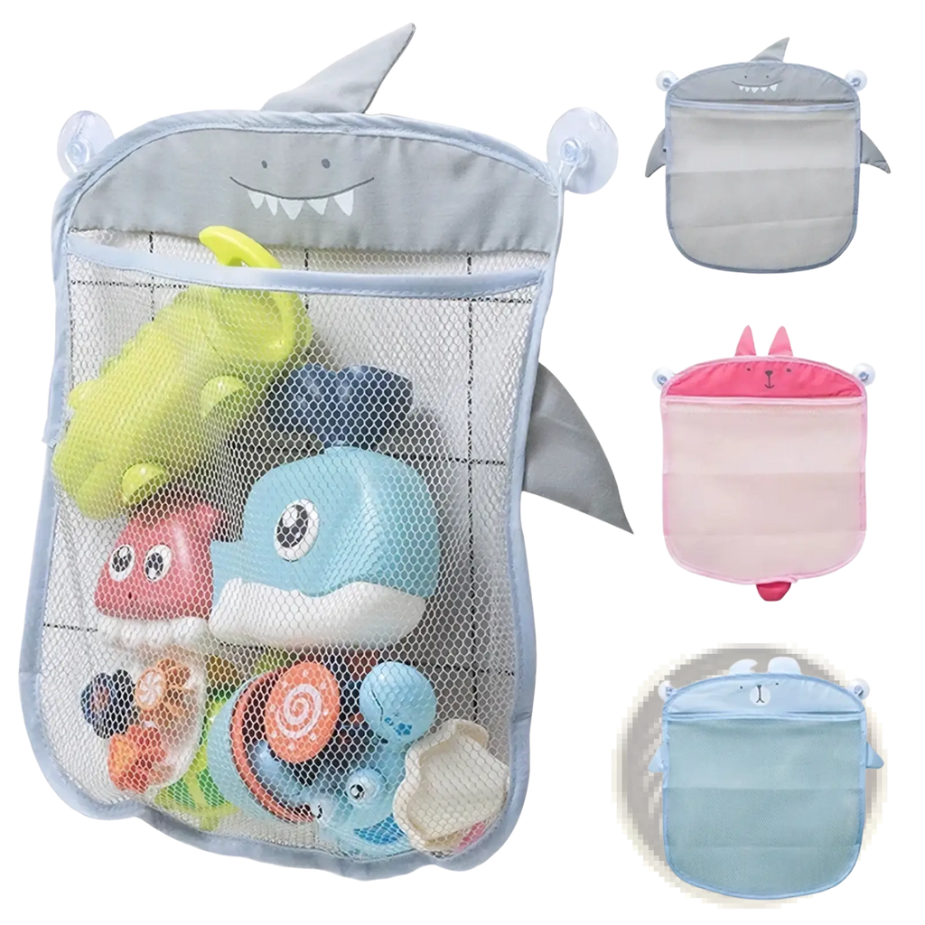 Gray shark-shaped mesh bath toy storage bag with suction cups and smiling face for bathroom organization