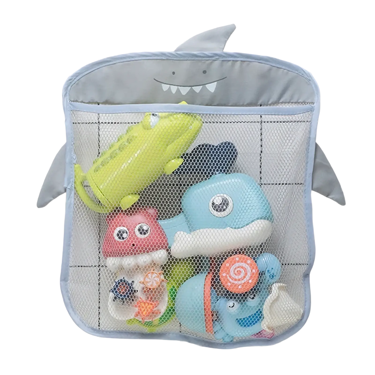 Gray shark-shaped mesh bath organizer with suction cups featuring a smiling face and fins for toy storage