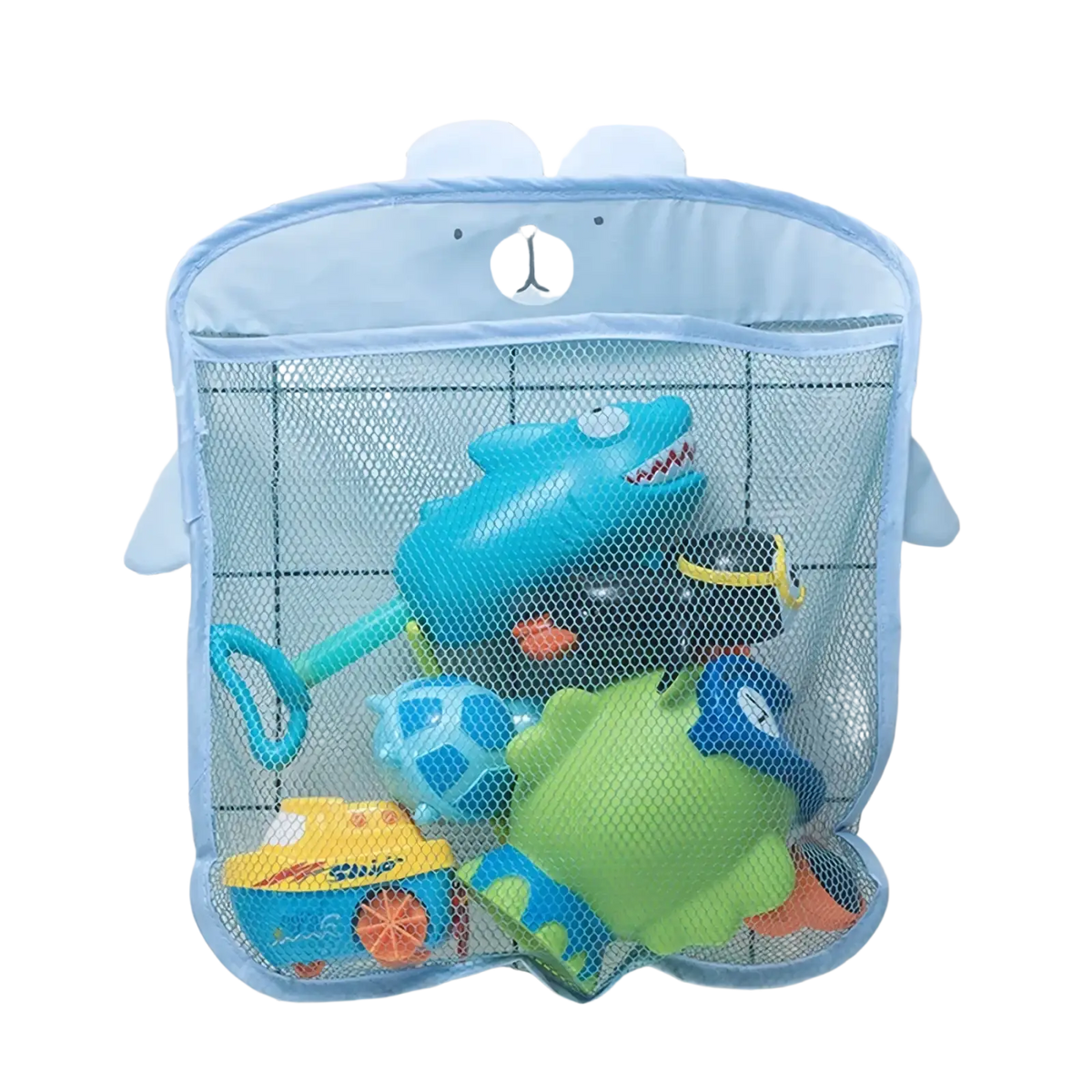 Light blue mesh bath toy storage bag with bear face design and suction cups for wall mounting in bathroom