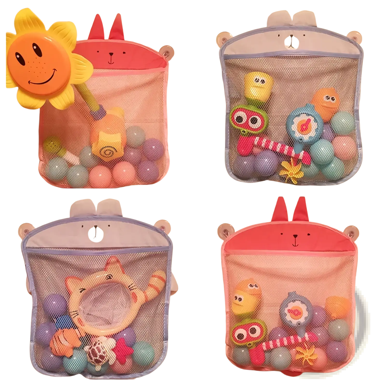 Pink and blue mesh bath toy storage bag with cartoon animal faces for organizing bathroom toys